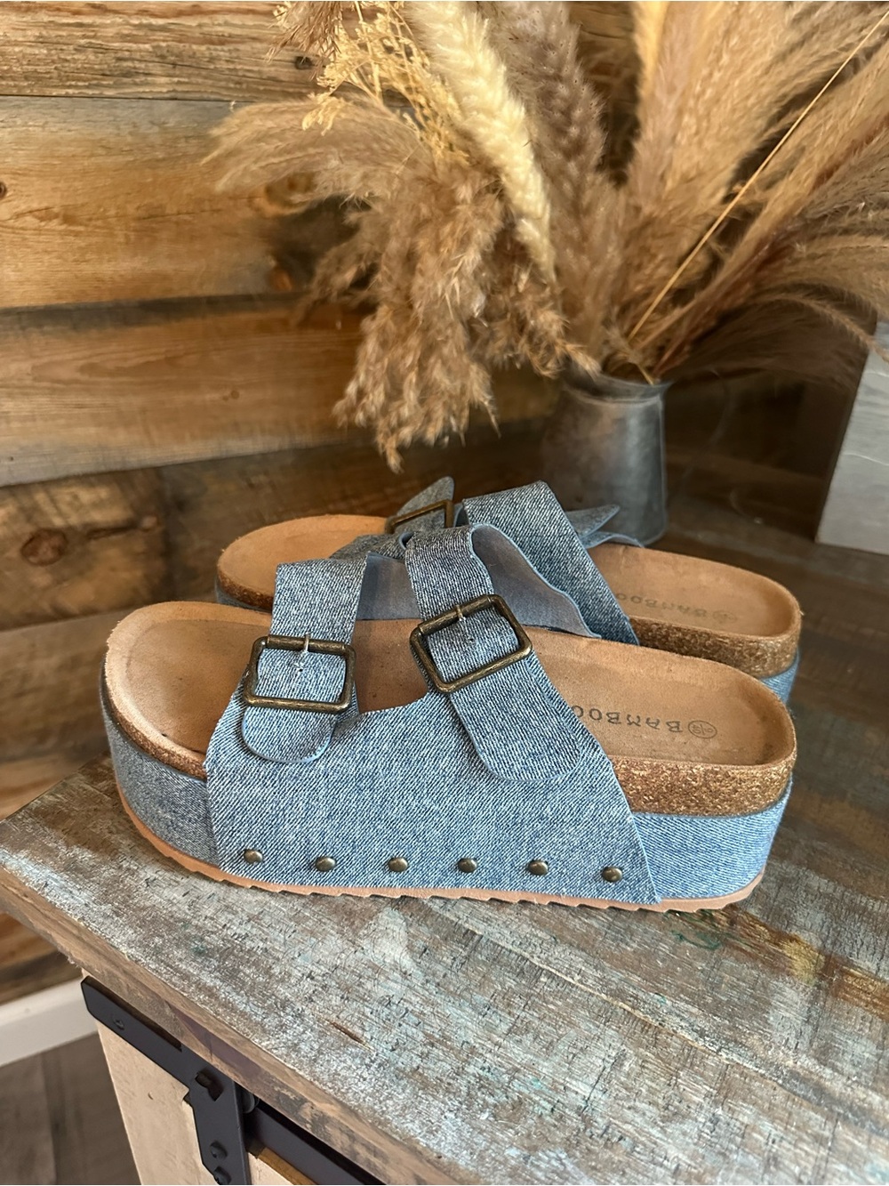 Denim Platform Slide Sandals with Buckle Straps